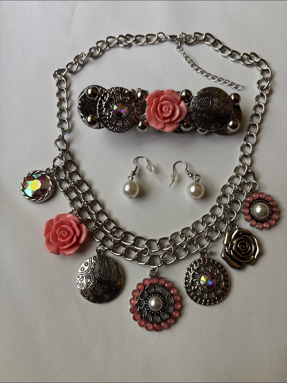 Silver-Tone Pink Rose Charm Necklace and Bracelet and earrings